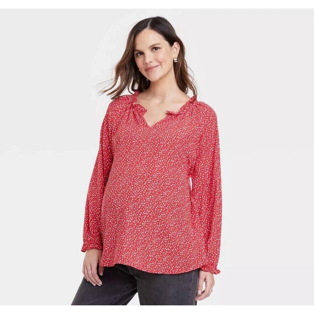 Isabel Maternity Red Floral Blouse XXL Long Sleeve Pregnancy Top NWT